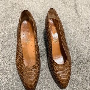 Baldinini Brown Croc Embossed Leather Pumps Made in Italy Low Block Heel 36.5